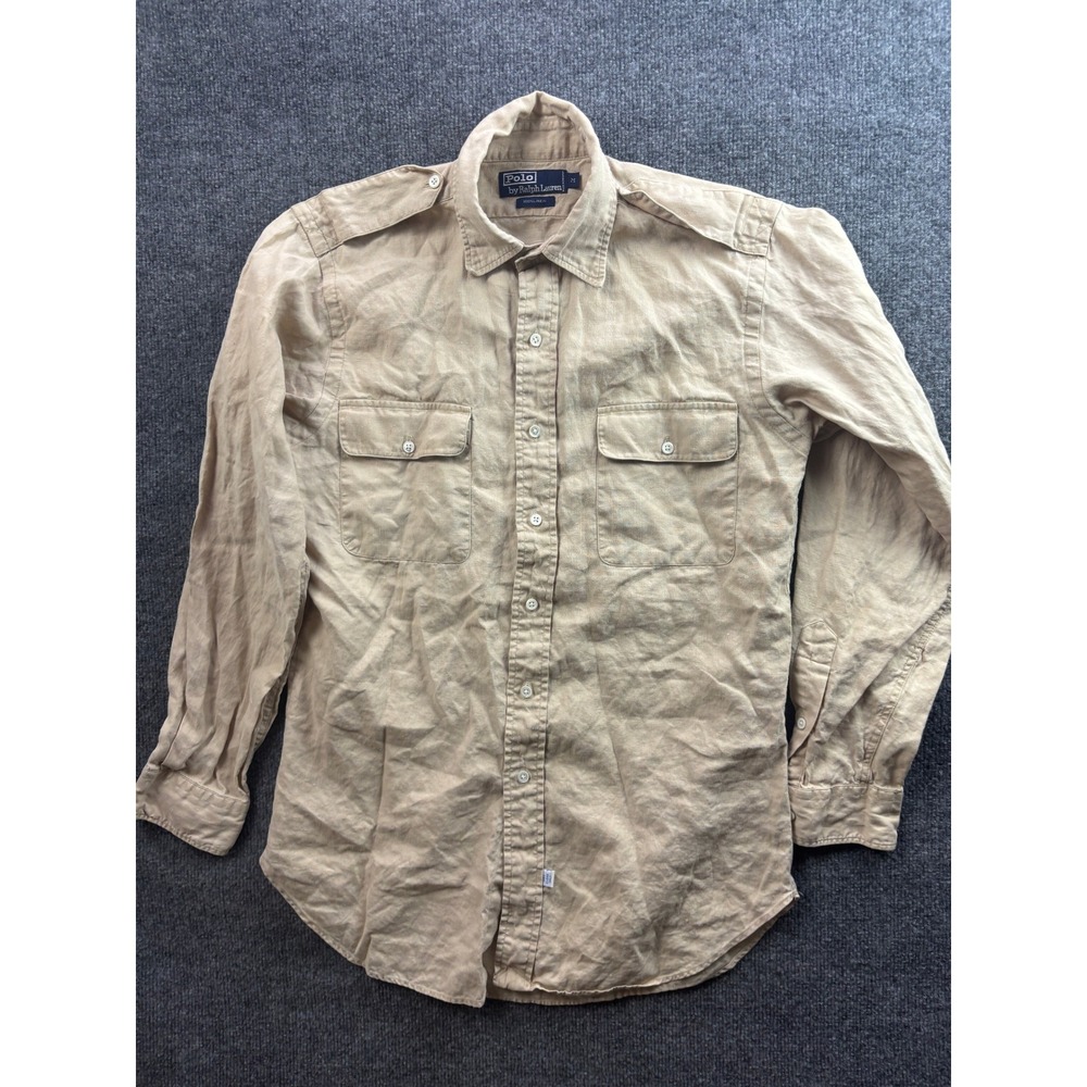 Polo Ralph Lauren Button Down Mens Size M Tan 100% Linen Military Epaulet Shirt